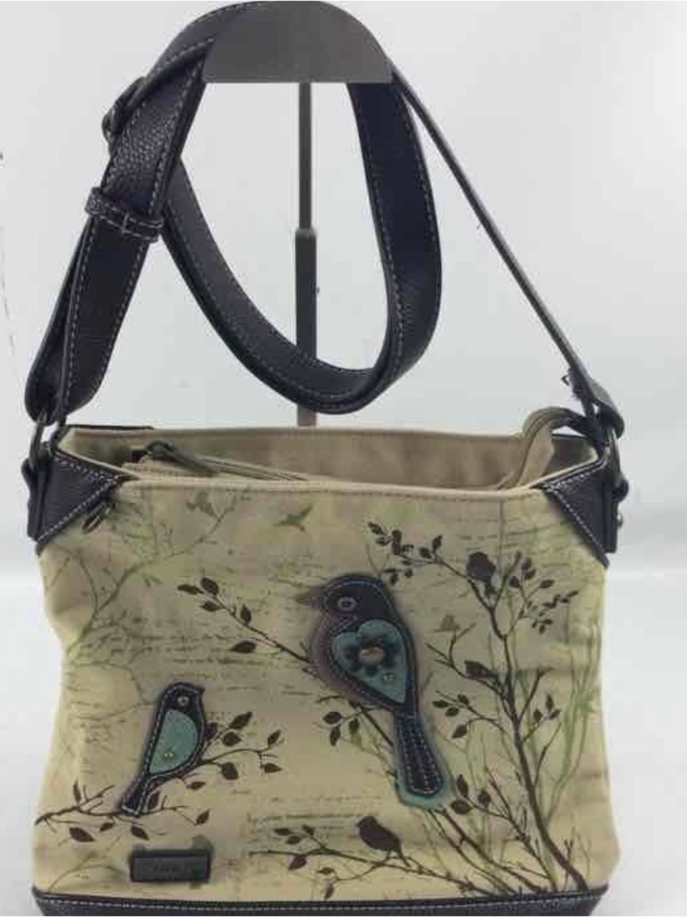 Chala Beige Canvas Bird Appliqué Shoulder Bag with Dark Brown Trim